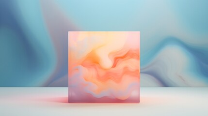 Trendsetting natural beauty podium in the shape of a cube, surrounded by a pastel coral and blue abstract aura, crafted for captivating product reveals on social platforms.