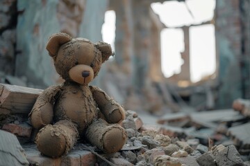 Brown Teddy Bear Sitting on Top of Rubble