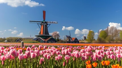 Tulip fields and windmills with "April 27th" for King's Day, adorned with orange decorations, celebrating Dutch heritage. 