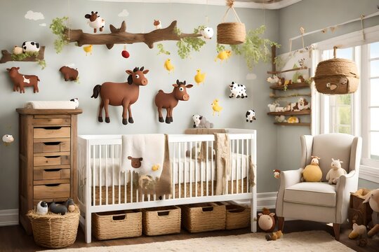 A farm-inspired baby nursery with barnyard motifs, farm animal mobiles, and rustic wooden furniture. A charming space for the newest family member