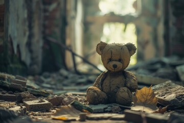 Abandoned Building: Teddy Bear on the Ground - obrazy, fototapety, plakaty