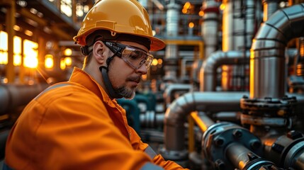 A worker in standout orange uniforms and safety orange helmets operate the hydraulic machinery a chemical refinery. Generative AI.