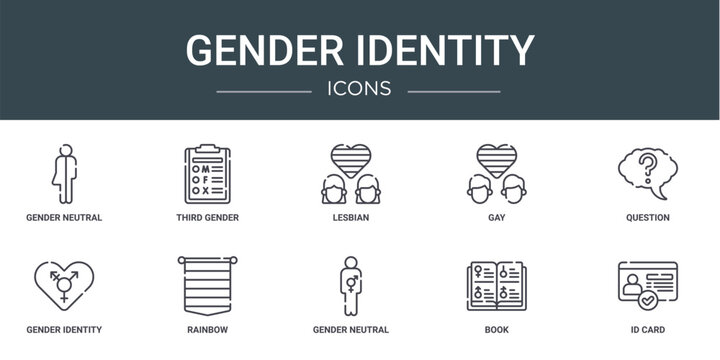 set of 10 outline web gender identity icons such as gender neutral, third gender, lesbian, gay, question, identity, rainbow vector icons for report, presentation, diagram, web design, mobile app