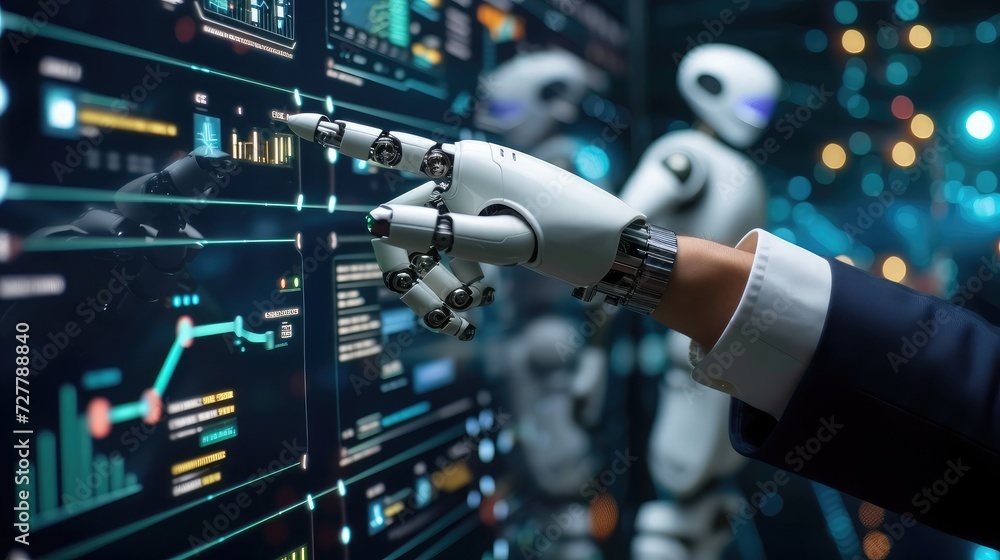 Poster businessman using ai robot technology for data analytics, artificial intelligence generate. futurist
