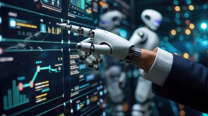 Businessman using ai robot technology for data analytics, Artificial Intelligence generate. Futuristic technology, robot in online system. Business in future to invest and develop corporate concept.