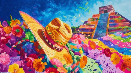 "September 16th" amidst vibrant papel picado and a sombrero,  in the background, for Mexican Independence Day. 