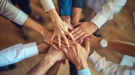Obraz premium Close up top view of young business people putting their hands together. Stack of hands. Unity and teamwork concept.