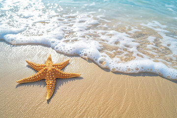 Fototapeta na wymiar Starfish lying on sand beach by the sea or ocean. Summer time