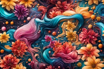 A breathtaking high-resolution image showcasing the dynamic fusion of colorful liquids on a clean background, adorned with tasteful flower patterns, creating a 