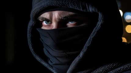 Naklejka premium Criminal wearing black balaclava and hoodie in the dark