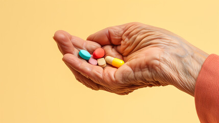 Fototapeta premium Closeup of old hand with pills, medication, healthcare, illness, pharmaceutical, prescription, drugs, vitamin, medication, pain,
