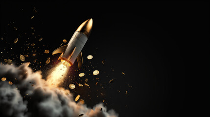 conceptual image of a rocket launching surrounded by coins, symbolizing financial growth, investment success, or startup funding