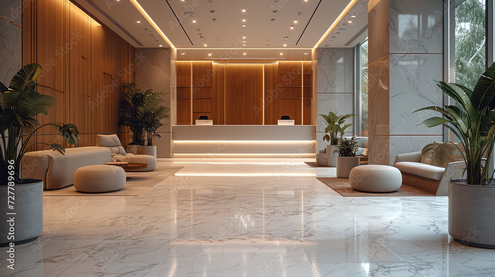Poster the entrance in reception and lobby hotel, a luxurious co-working space. generative ai.