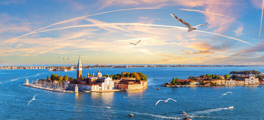 Aerial panorama on San Giorgio Maggiore Island from the top of Basilica San Marco, Venice, Italy - obrazy, fototapety, plakaty