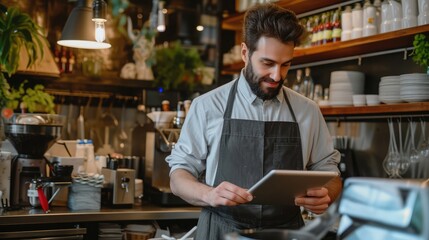 Man in restaurant tablet and inventory check small business - obrazy, fototapety, plakaty