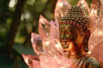 golden glowing buddha with a crystal lotus flower