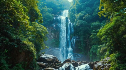 Naklejka na ściany i meble Panoramic beautiful deep forest waterfall