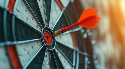 Red dart hit to center of dartboard. Arrow on bullseye in target. Business success, investment goal, opportunity challenge, aim strategy, achievement focus concept