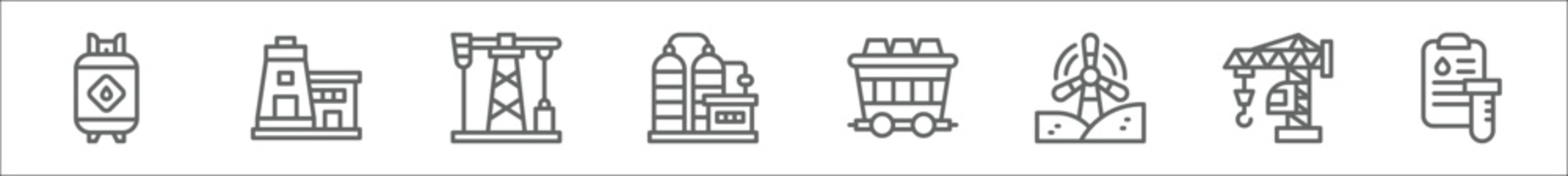 outline set of oil and gas industry line icons. linear vector icons such as gas cylinder, power plant, oil pump, power plant, mining cart, wind power, crane, data report