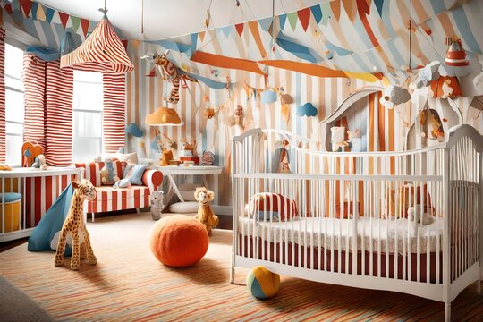A playful circus-themed baby bedroom with colorful stripes, whimsical animal prints, and a crib resembling a big top tent. A joyous space for little ones
