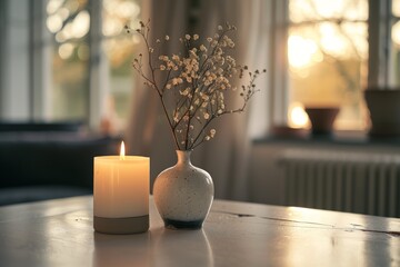 Candle and Vase on Table