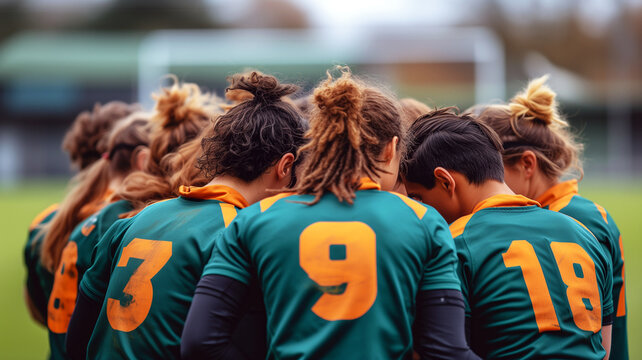 women's sports team in a close huddle, displaying unity and teamwork before a game