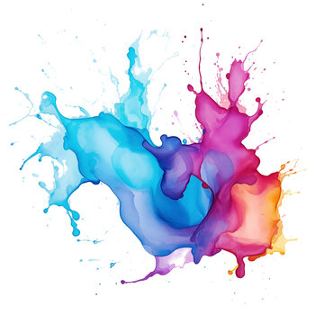 Watercolor Color Paint Splash Splatter Ink Fluid Wet in Wet Painting Staint Splosh Blue Pink Orange Yellow Rainbow Colorful Vibrant Artistic Art Transparent Image Background