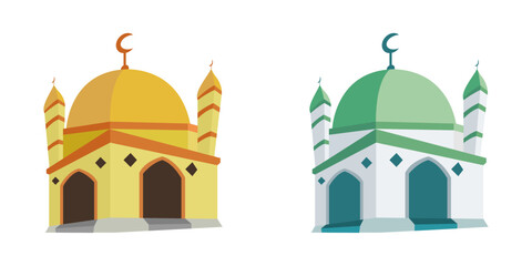 Vector cartoon illustration of a gold and green mosque building icon, perfect for decorating Ramadan greeting cards, icons, etc