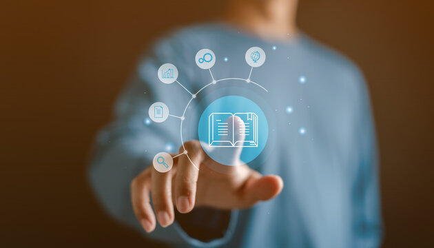 Man touching virtual book online classroom education and seminar with learning icon.