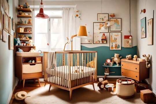 A retro-inspired baby nursery with vintage toys, mid-century furniture, and nostalgic decor. A charming and cozy space for a little one to explore the past
