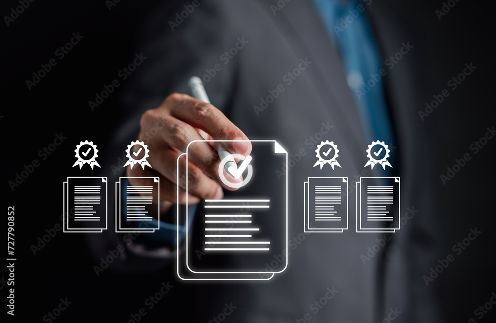 Leinwandbilder Quality Certificate and Checklist document inspecting target marketing planning assignment with quality management. Standardization, certification. Compliance to regulations service and standards.
