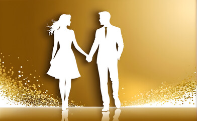 Couple white silhouette. gold background with copy space. Generative AI