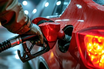 Person Pumping Gas Into a Red Car - obrazy, fototapety, plakaty