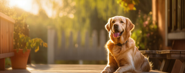 Happy dog on wooden terrace. - obrazy, fototapety, plakaty