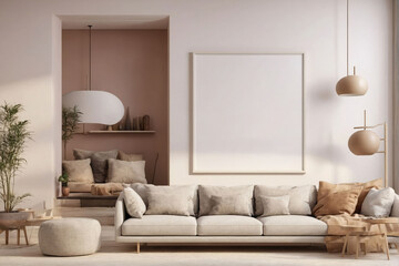 Modern Home Office Mockup - Frame on Living Room Wall, Stylish Interior Design.
