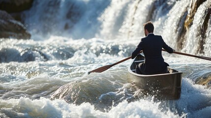Businessman in a rowing boat with oars on top of a waterfall. Entrepreneurial journey. Businessman...