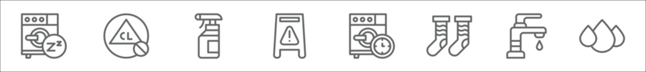outline set of laundry line icons. linear vector icons such as washing hine, no bleaching, detergent, wet floor, washing hine, socks, water tap, water - obrazy, fototapety, plakaty