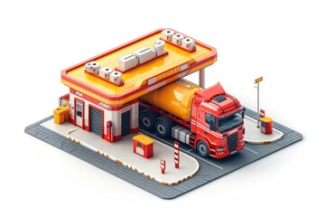 Gas Station With Red and Yellow Truck - obrazy, fototapety, plakaty