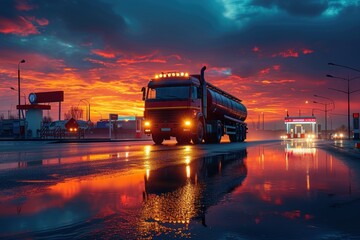 Large Truck Driving Down a Wet Road - obrazy, fototapety, plakaty