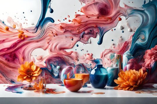 A high-resolution image featuring the artistic fusion of colorful liquids against a sleek and modern backdrop, with delicate flower motifs enhancing the overall visual appeal