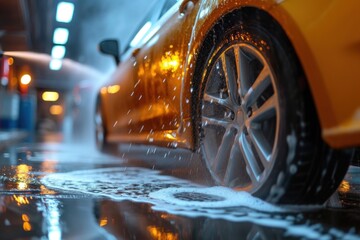 Close Up of a Yellow Car on a Wet Street