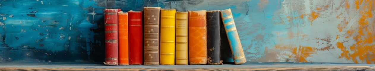 Row of Books on Wooden Shelf
