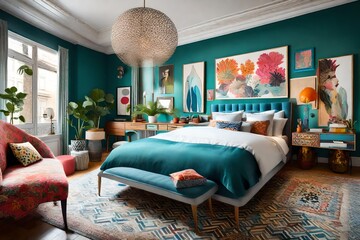 An eclectic bedroom with vibrant colors, unique artwork, and a mix of patterns, showcasing a...
