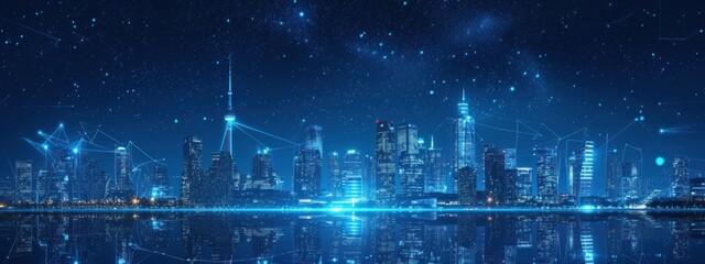Obraz premium A City at Night With Lights Reflecting in the Water
