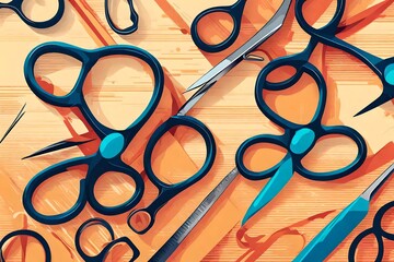 A close-up HD image of a colorful minimalistic illustration of a pair of scissors with a bold, ergonomic design - Powered by Adobe