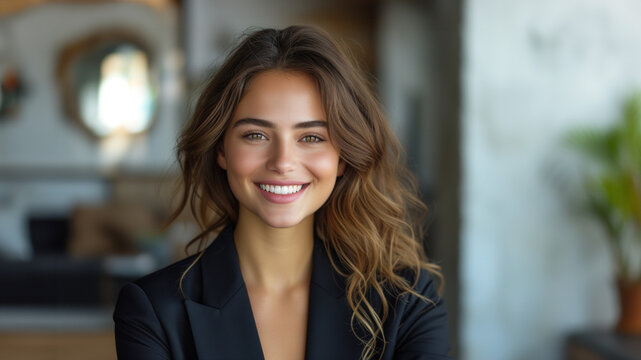 Photo of joyful businesswoman in formal suit laughing with arms crossed isolated over white background