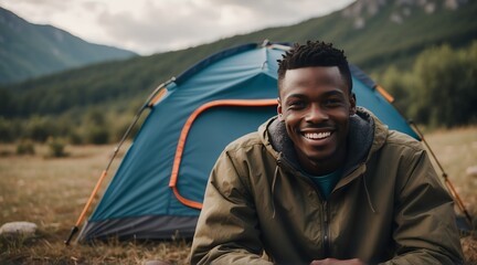 Portrait of a happy smiling handsome young black african man on camping site at the mountain with a tent on the background from Generative AI - obrazy, fototapety, plakaty
