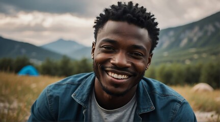 Portrait of a happy smiling handsome young black african man on camping site at the mountain with a tent on the background from Generative AI - obrazy, fototapety, plakaty