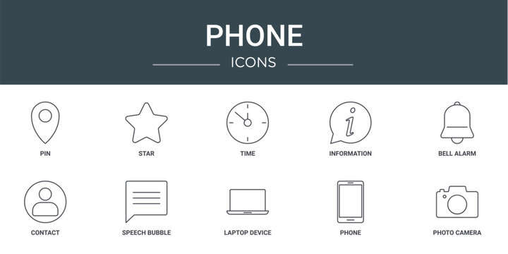 set of 10 outline web phone icons such as pin, star, time, information, bell alarm, contact, speech bubble vector icons for report, presentation, diagram, web design, mobile app