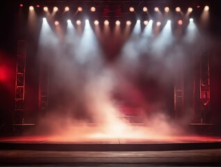 Empty scene with red stage spotlights, warm centered colored light and smoke from Generative AI